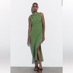 Zara Womens Green Sleeveless Boat Neck Side Slit Midi Shift Dress Size M